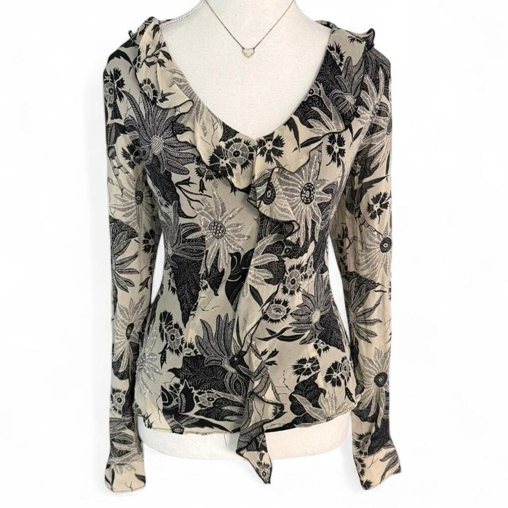 Floral Fitted 100% Silk Longsleeve fullmlength going out casual top size Medium